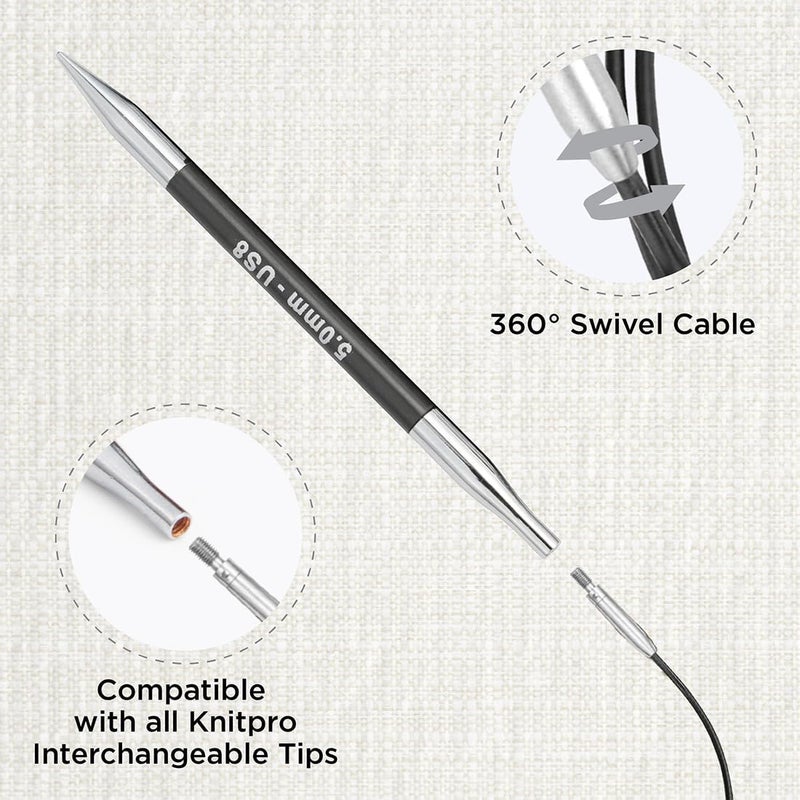 Knit Pro 360° Nylon Coated Stainless Steel Black Silver Swivel Cable | 37"/ 94cm (to Make 47"/ 126cm IC Needle) - Image 2